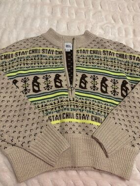 BDG Beige Zip-Up Fair Isle Sweater with Yellow & Black Accents